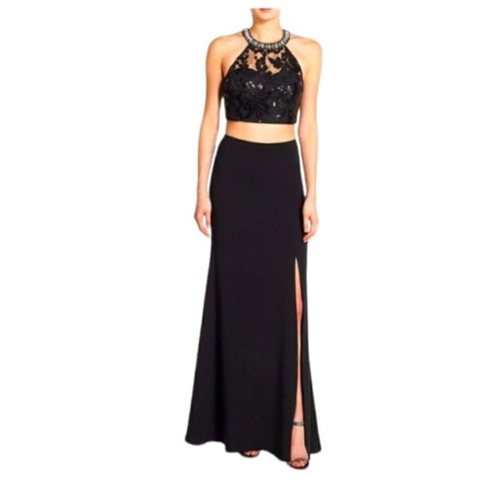 Sequin Hearts Black  2 Piece Sequined Crop Top Satin Tulip Skirt Junior's 3 Hoco